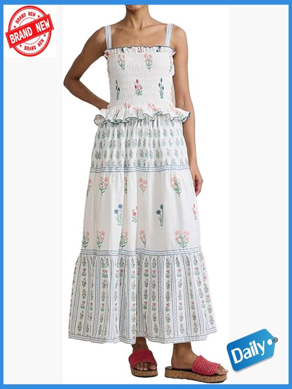 Smocked Flowy Boho Maxi Dress with Pockets